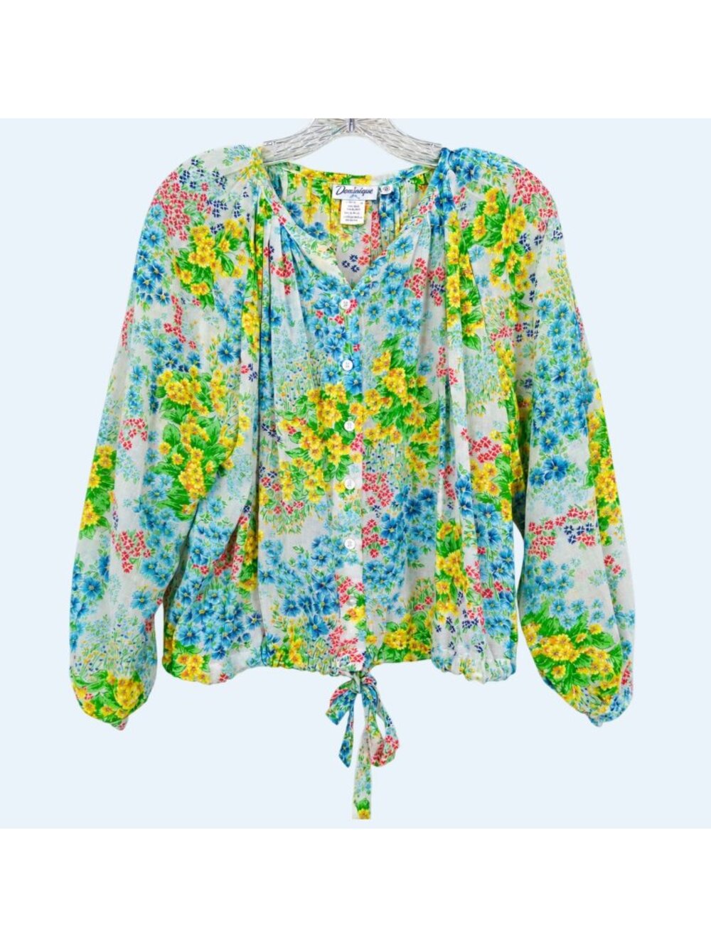 Domanique Blouse Womens S Vintage 60s Floral Sheer Tie Front Balloon Sleeve USA